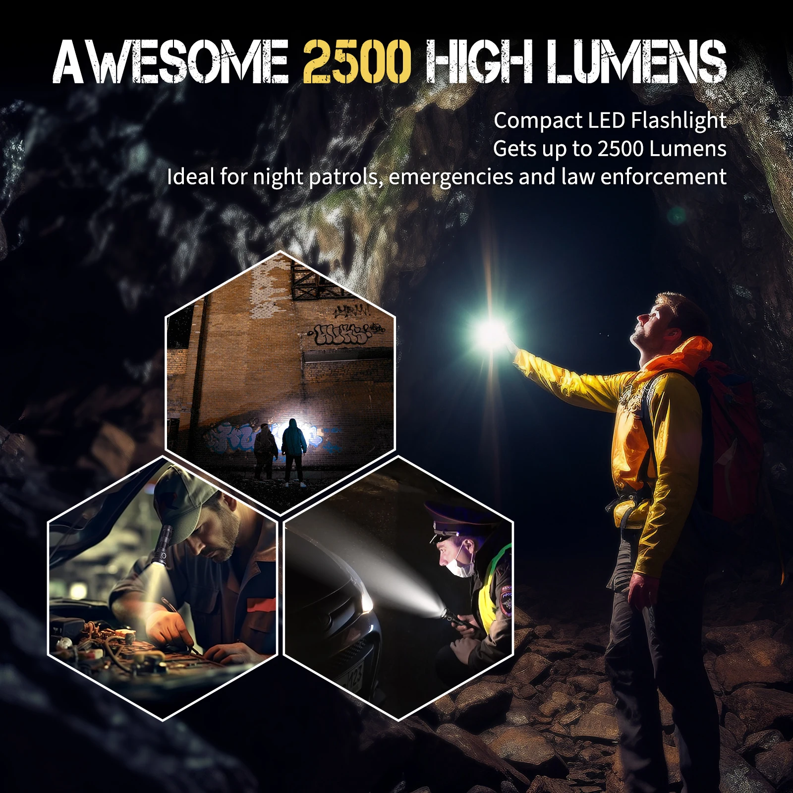 مصباح يدوي تكتيكي UltraFire UF-H7 بقوة 2500 لومن ومدى طويل 643 مترًا ومنفذ USB C قوي 21700 قابل لإعادة الشحن للاستخدام الخارجي EDC مناسب للشرب #6