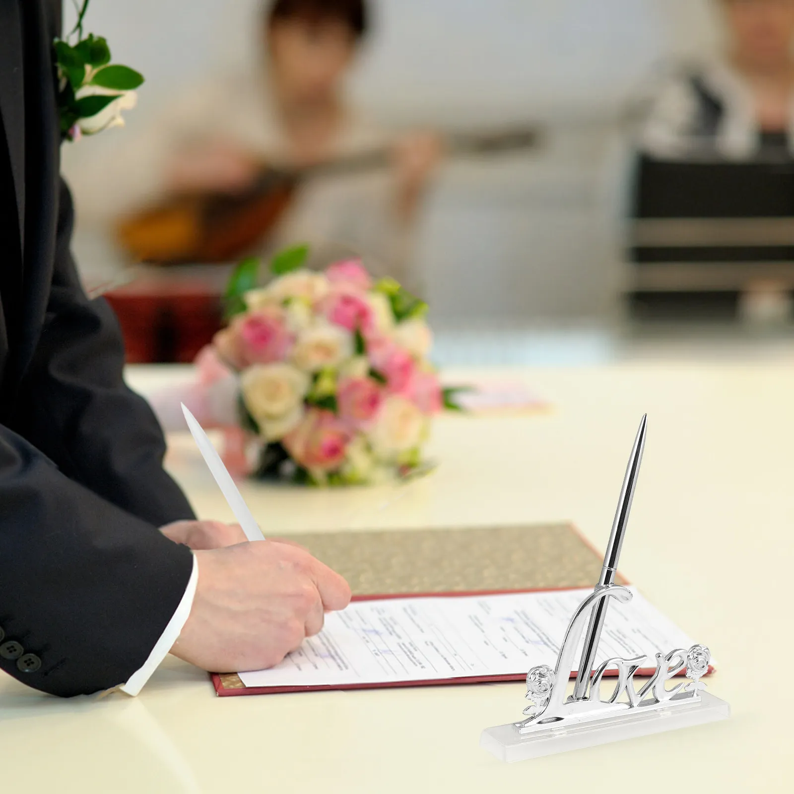 

Wedding Guest Book Ballpoint Signing Pen Metal Stand Holder For Marriage Certificate Scrapbooking Decor Bridal