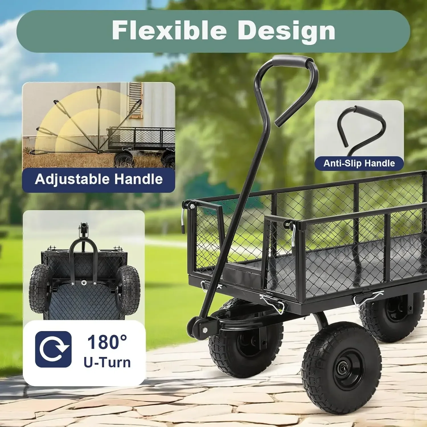 Garden Wagon Cart Heavy Duty 880 LBS Steel Utility Cart with All-Terrains 3.50-4