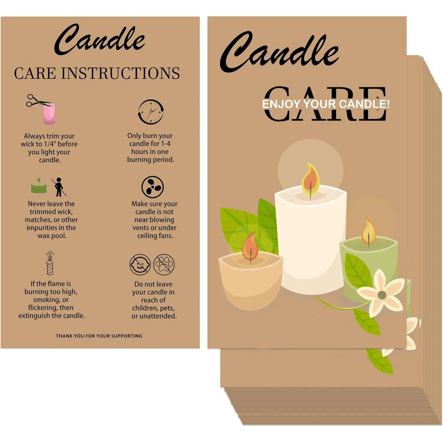 100 Pack Premium Handmade Candle Care Instruction Cards 3.5x2inch Kraft Wax Melt Packaging Supplies for Candle Makers Soy Bees W