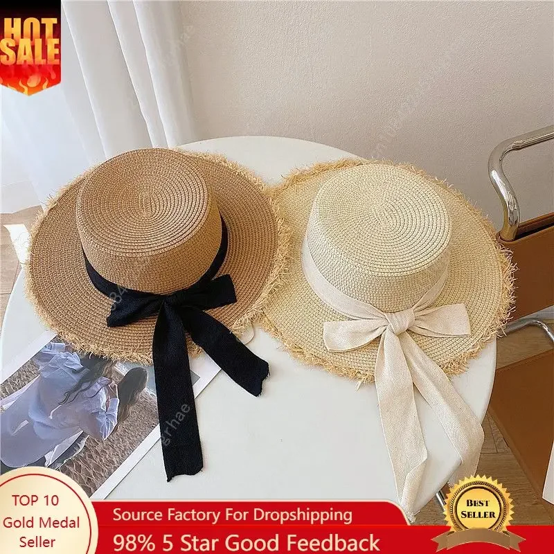 

Beach HatJapanese Everything Hairy Edge Straw Hat Female Summer Flat Top Outing Sun Hat Small Fresh Bow Sun Shade Beach Hat