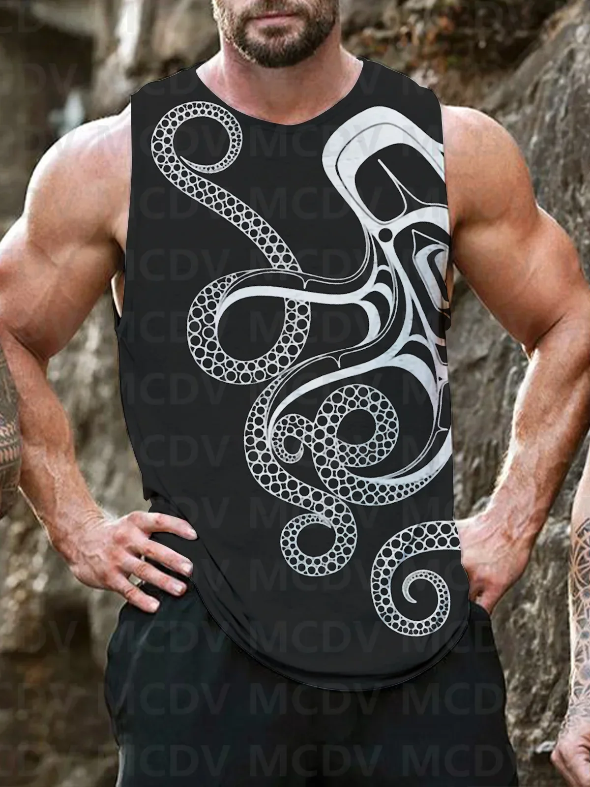 Men's Retro Pink Ocean Octopus Print Round Neck Casual Tank Top 3D Printed Tank Tops Men Summer Tops