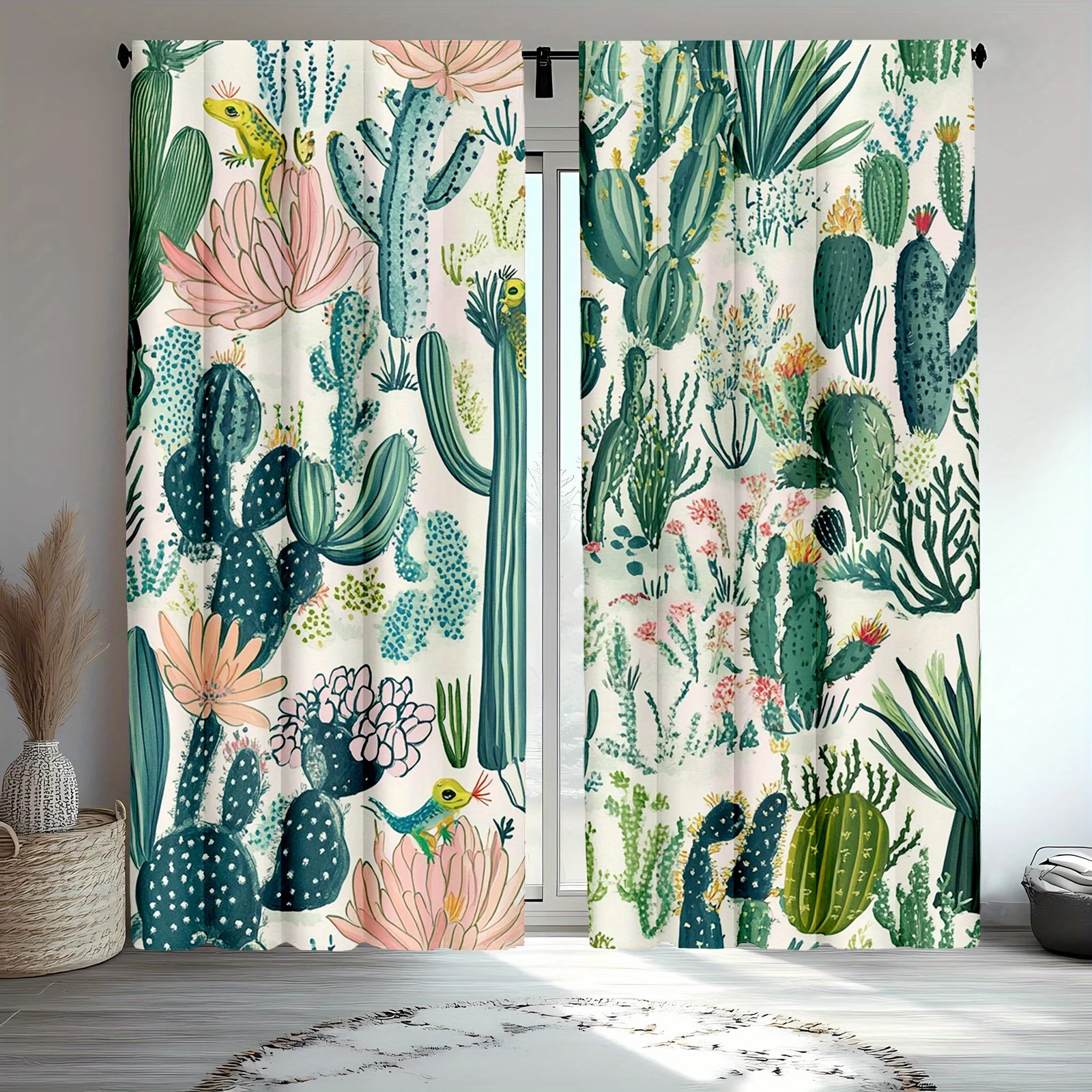 2pcs Tropical Desert Floral Landscape Curtains, Vintage Succulents and Cactus Design, for Living Room and Kitchen