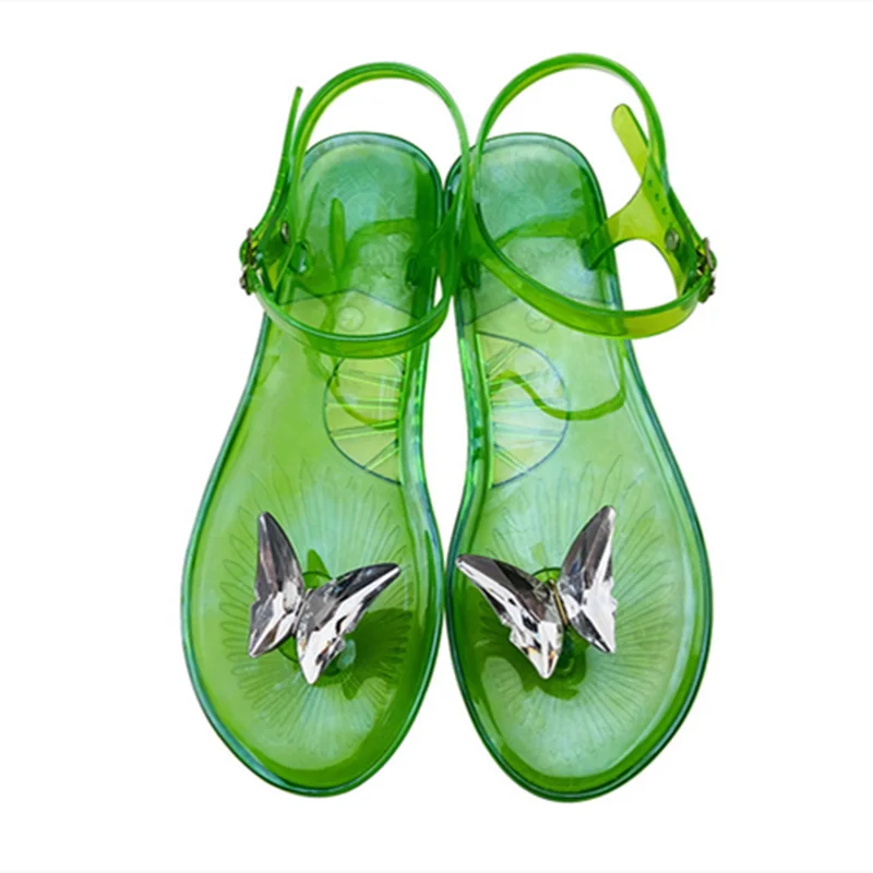 Girls Clear Green Purple Sandals Buckle Strap PVC Jelly Casual Thongs Low Price 25CM 35-41 Colorful Butterfly Summer Zoris Shoes