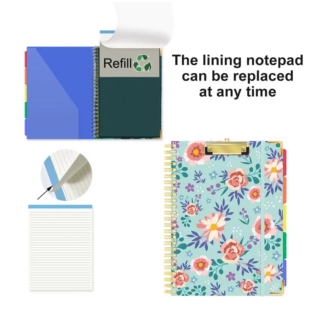 Clipboard Folio with Refillable Notepad Waterproof Clipboard Folder Colorful Label Index Spiral Document File Folder