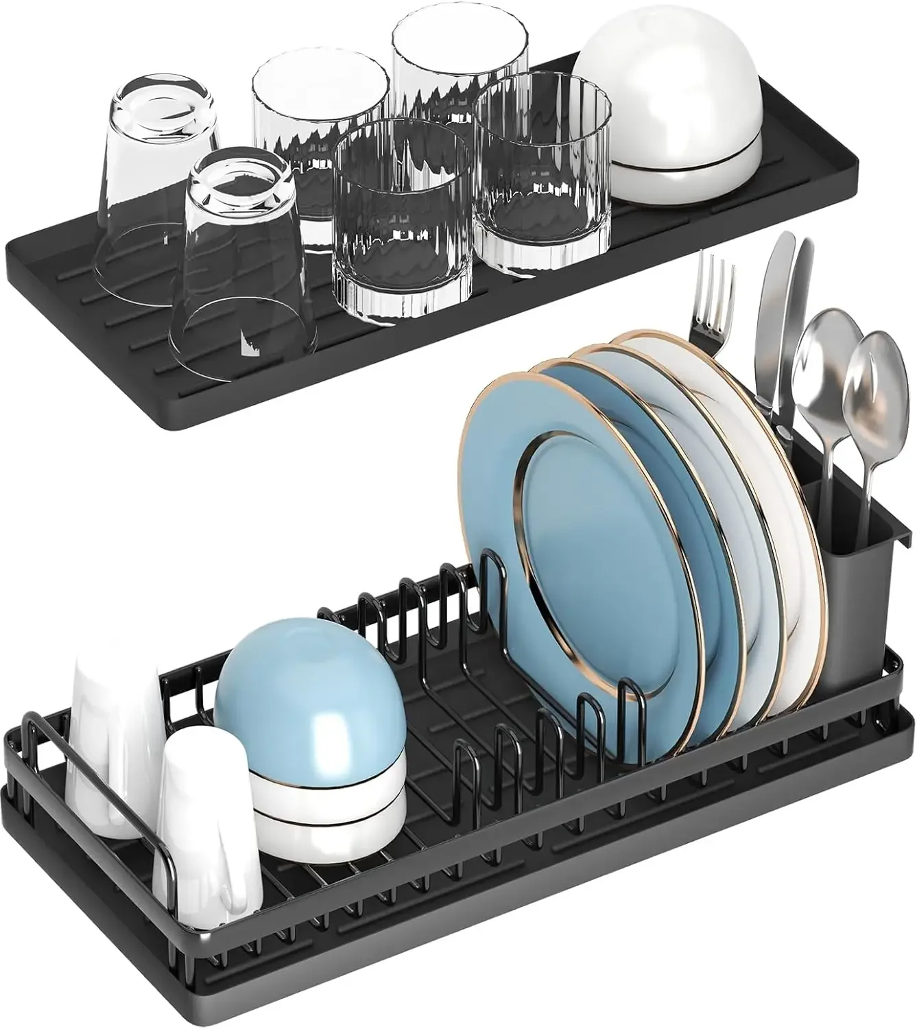 Small Dish Drying Rack Compact Sink Dish Rack with 2pcs Silicone Drying Mats Dish Drainer Kitchen Organizer Sponges Holder