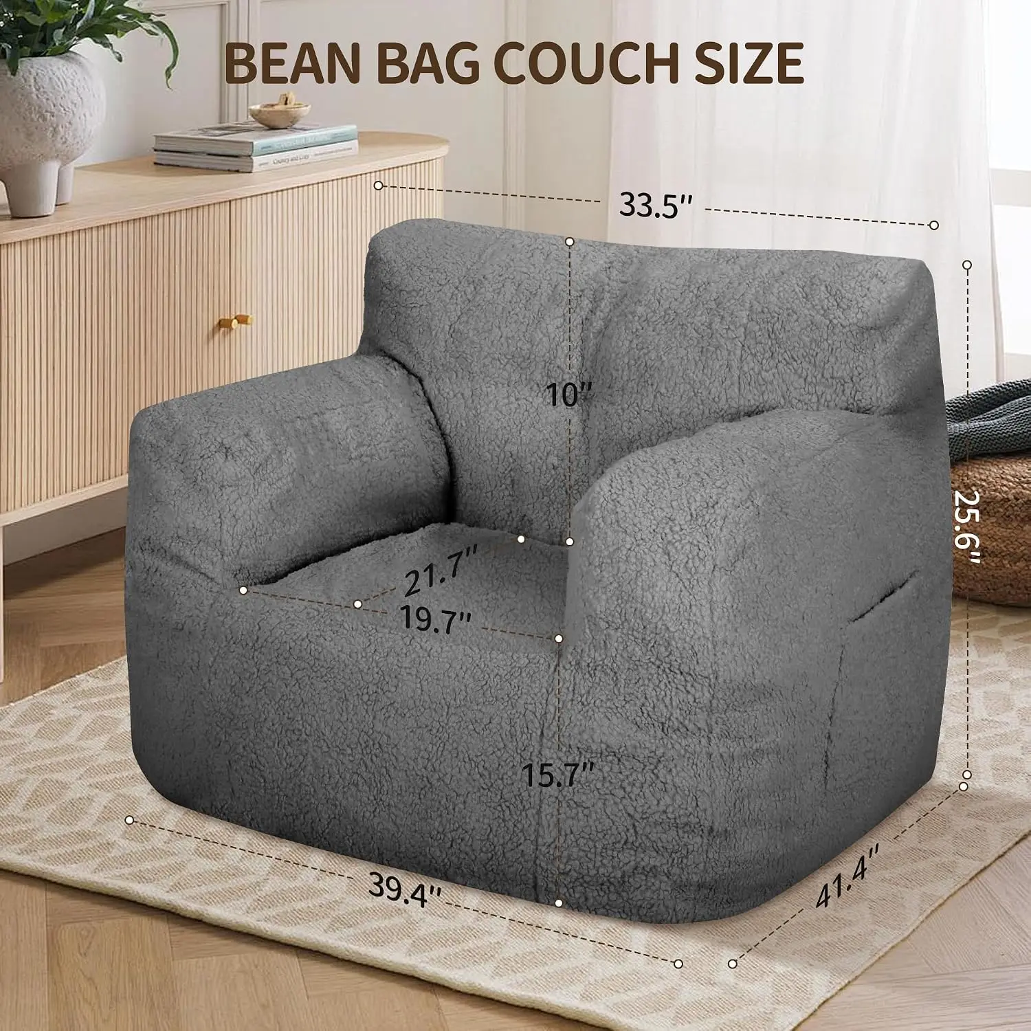 Bean Bag Chair with Filler & Armrest, Giant Lazy Sofa with Pocket & Memory Foam for Living Room Bedroom, Customized