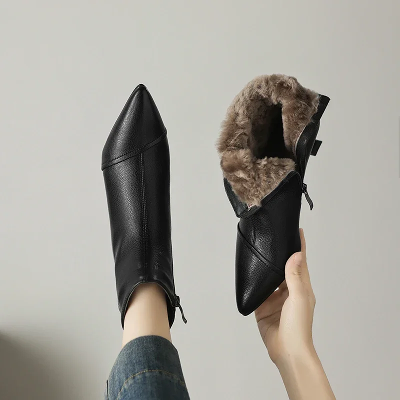 2026 new winter women ankle boots natural leather plus size 22-26cm sheepskin+wool pointed toe kitten heel side zip short boots
