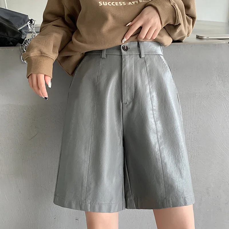 

Pop Gray High Waist Casual Wide Leg Pu Short Pants Woman Autumn Winter Loose Knee Length Washed Leather Shorts