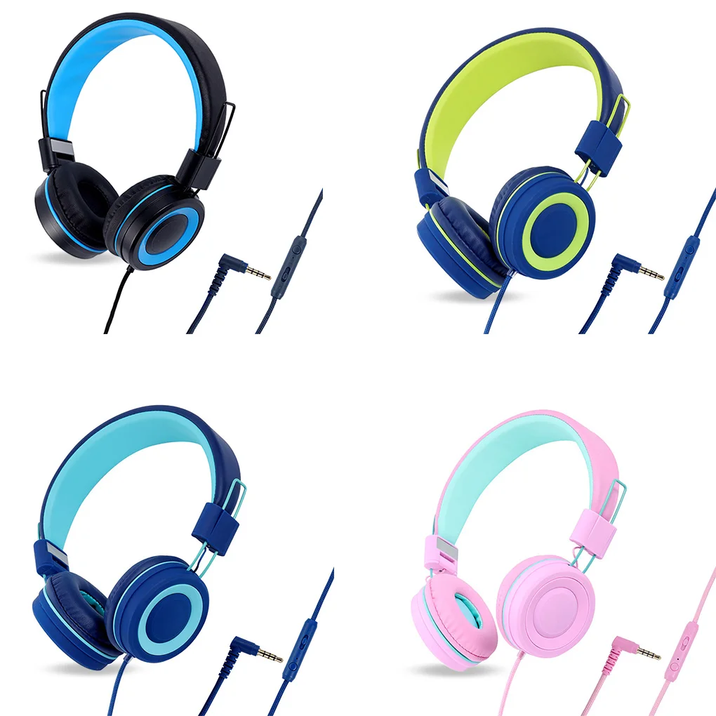 3.5mm Wired Headset with Built-in Microphone Laptop Kids Head Mount Soft Earmuff Line Control Headphone for Blue Green