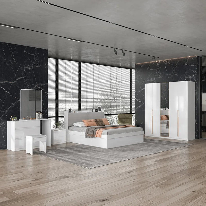 Wholesale Price Mdf Bedroom Sets With Wooden Up-holstered Beds Nordic Style Bedroom Set Furniture for Girls king Bedroom Sets