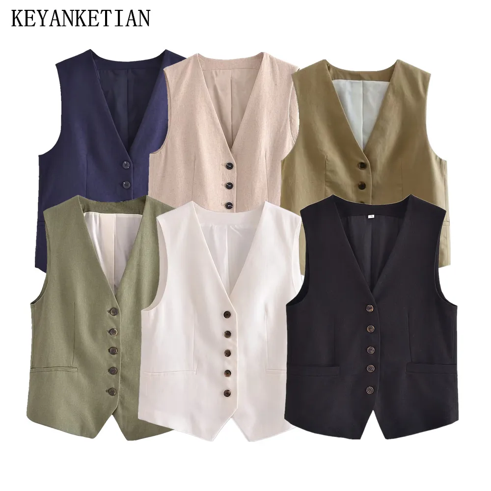 KEYANKETIAN Summer New Linen Texture V-Neck Single Breasted Short Vest Women Commuter Style Solid Color Sleeveless Top Thin