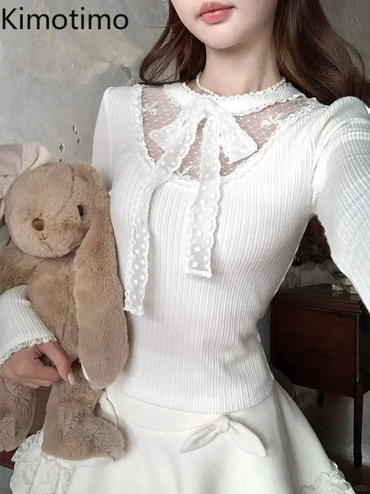 Kimotimo Bow Patchwork Lace Bandage Long Sleeve T-shirt Women 2026 New Slim Fit Versatile Crop Top Sexy Y2k Aesthetic Chic Tees
