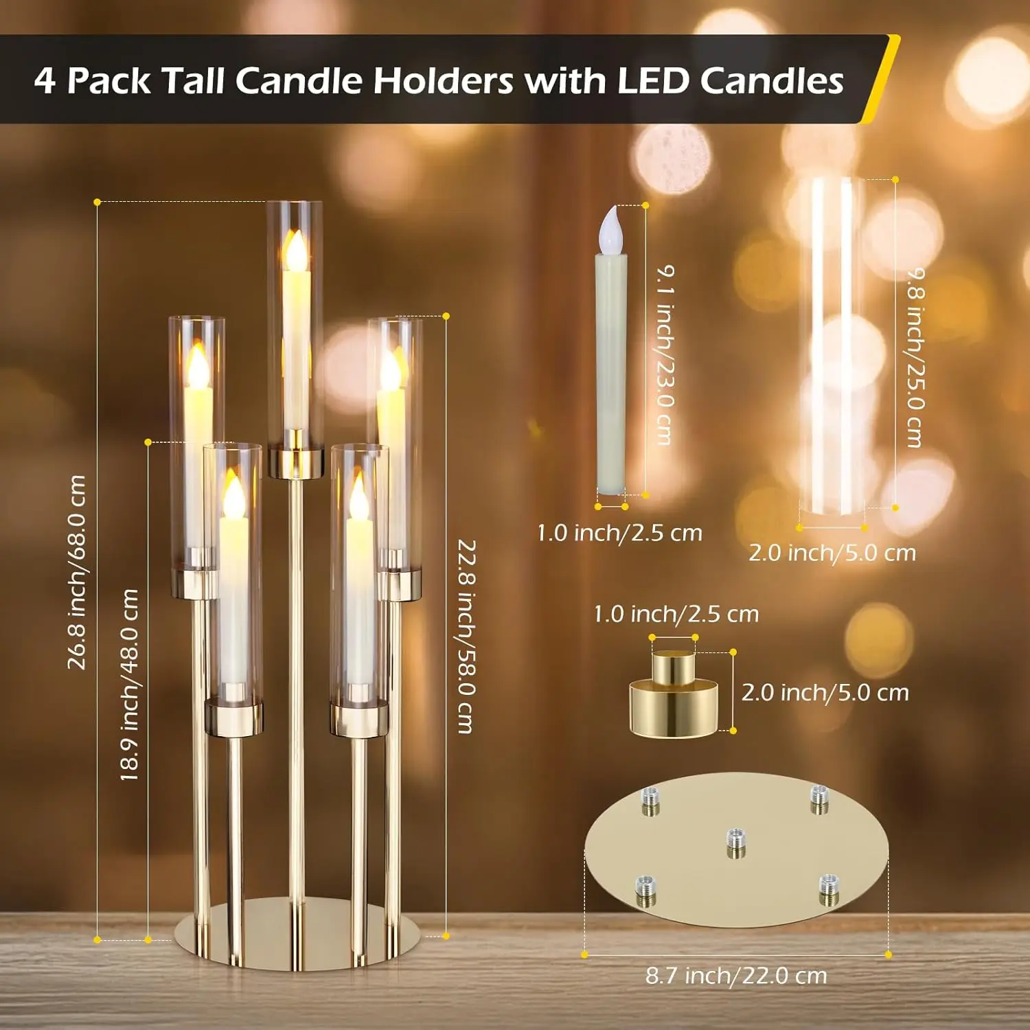 4 مجموعات من الشمعدانات الأرضية 5 أذرع 26.8 بوصة شمعدانات ذهبية طويلة مع عاكس الضوء من الأكريليك، قطع مركزية للطاولات #6