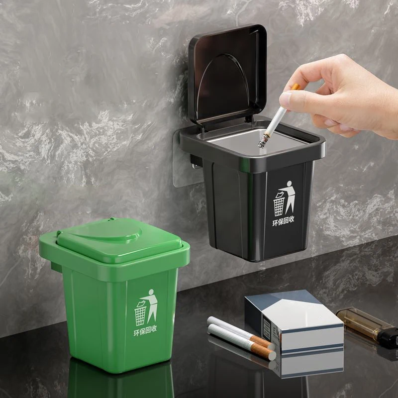 Durable Wall Hanging Ashtray Trash Can in Stainless Steel with Lid; Anti-Fly Ash Feature; Perfect for Bathroom