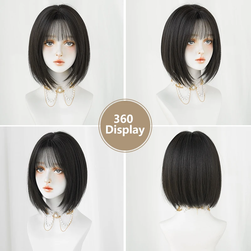 NAMM Short Bob Wigs Women Synthetic Wigs Middle Part Bangs Dark Brown Wig Female Cosplay Heat Resistant Straight Natural Wigs