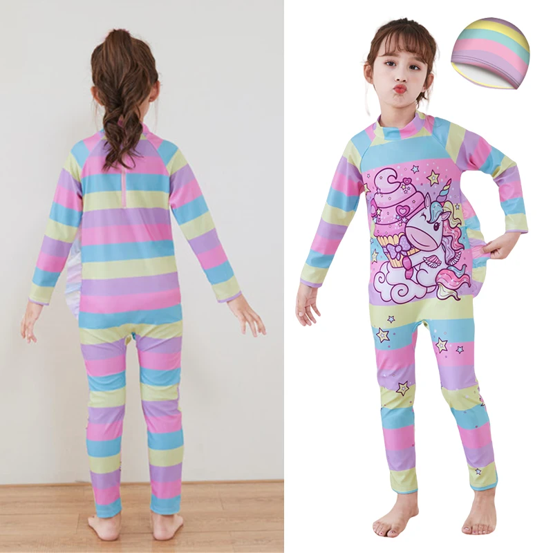 Summer Girls Swimwear One-Piece Swimsuit Rainbow Star Unicorn Long Sleeve Swimming Jumpsuit With Cap For Childrens Girls 3-9Yrs