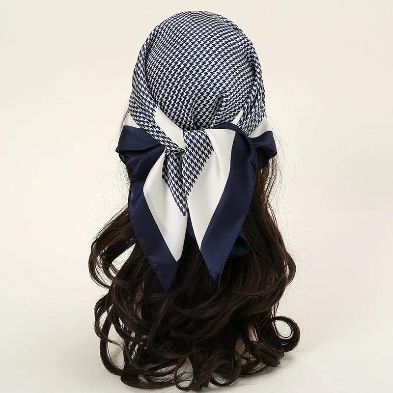 Luxury Brand Houndstooth Print Square Scarf Women Soft Satin Hairband Neckerchief Tie Female Headband Foulard Bag Ribbon 70*70cm