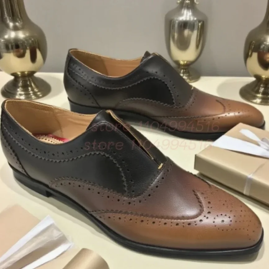 

Brown Brogue Sewing Leather Shoes Men Shallow Flat Slip On Oxford Shoes 2025 Male Fashion Luxury Business Formal Office Shoes