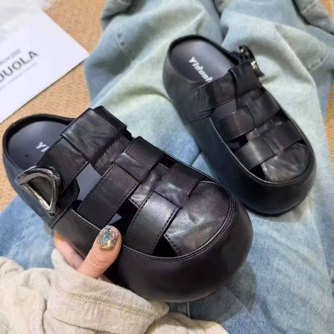 

Birkuir Fashion Weave Women Slippers Hollow Out Genuine Leather Flat Platform Slides Closed Toe Flats Luxury Summer Beach Slides
