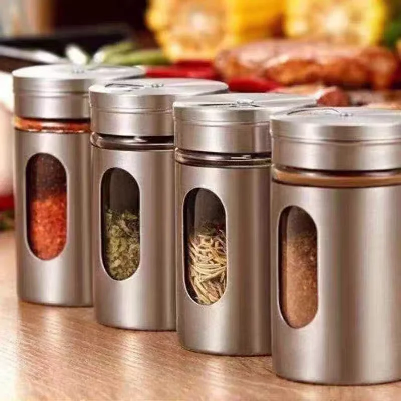 Stainless steel spice jar with rotatable lid, spice container with transparent glass window, salt and pepper shakers included