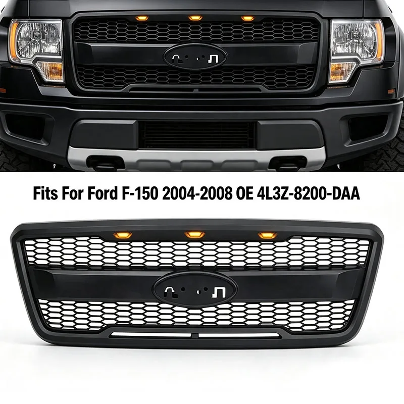 Передняя решетка в стиле Raptor подходит для Ford F‑150 2004‑2008 годов выпуска, сетчатая решетка с LED-дневными ходовыми огнями и янтарными габаритными огнями, оригинальный номер 4L3Z‑8200‑DAA.