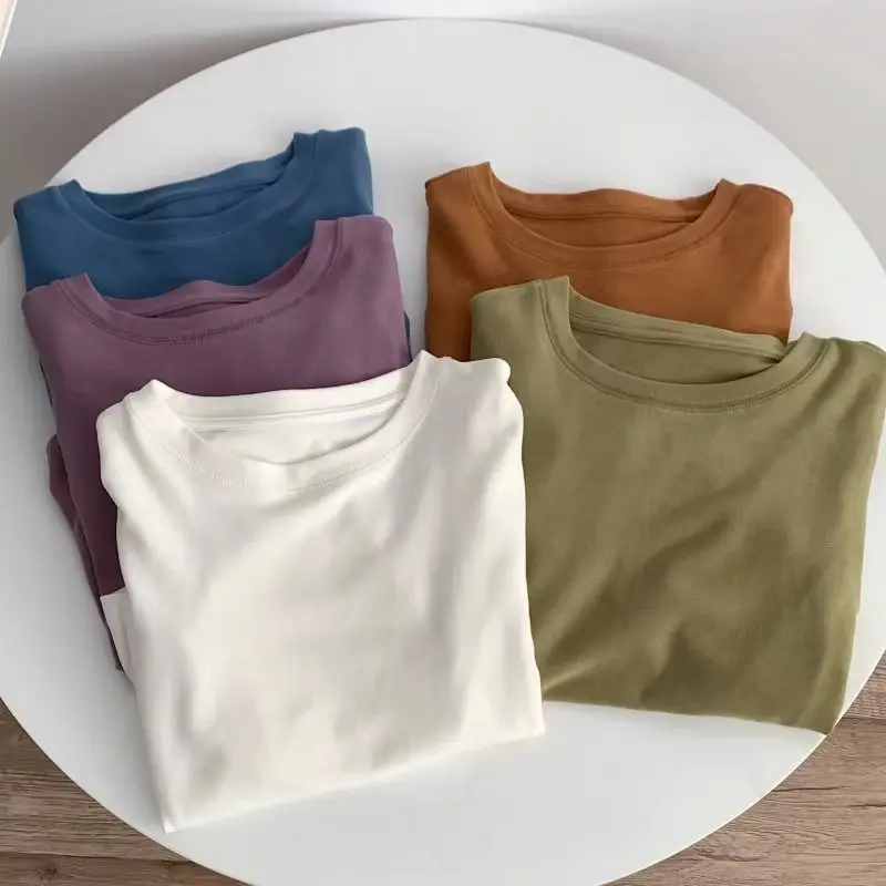 Thickened Fleece Long Sleeve round Neck Thermal T-Shirt Women's Soft Candy Color Crew Neck Sweatshirt Commute Style Korean Ve...