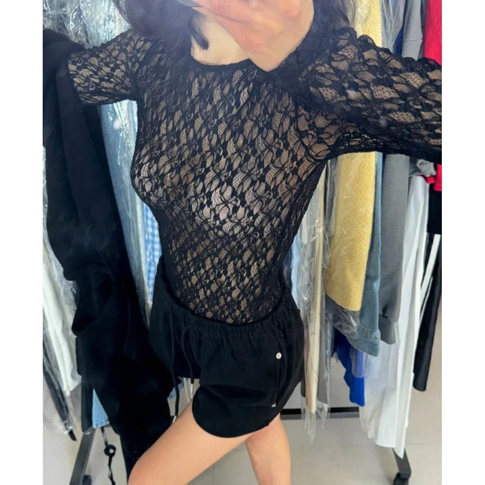 Chic Lace irt Women's ort Fit Long Sve Base Layer irt Hong Kong Sle High-End Sensation Top Korean Sle Inner Wear