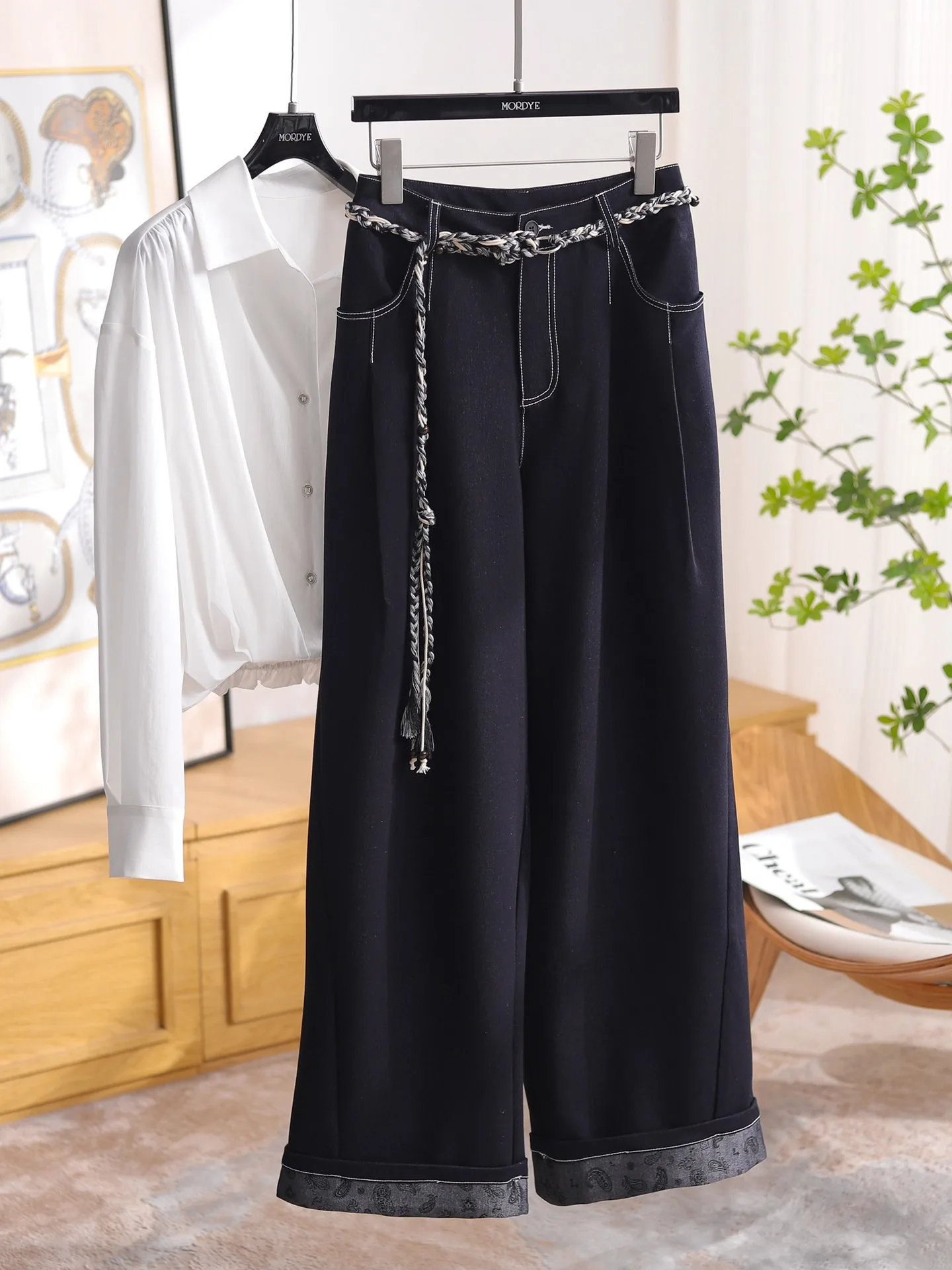 

Ele Faionable Woven Belt k Blue Embroidered Straight Leg Denim Jeans High Waist Casual High Quali Polyester Zipper