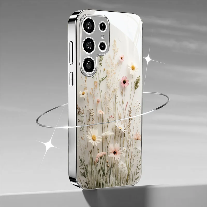 

Gold-plated tempered glass phone case, compatible Galaxy S26 S25 S24 S23 S22 Ultra Plus. Features a colorful bouquet design.