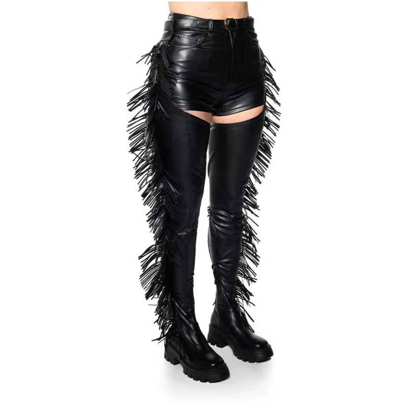 Fringed Belted Over The Knee Boots Fashion Black Festival Women Boots Party Shoes