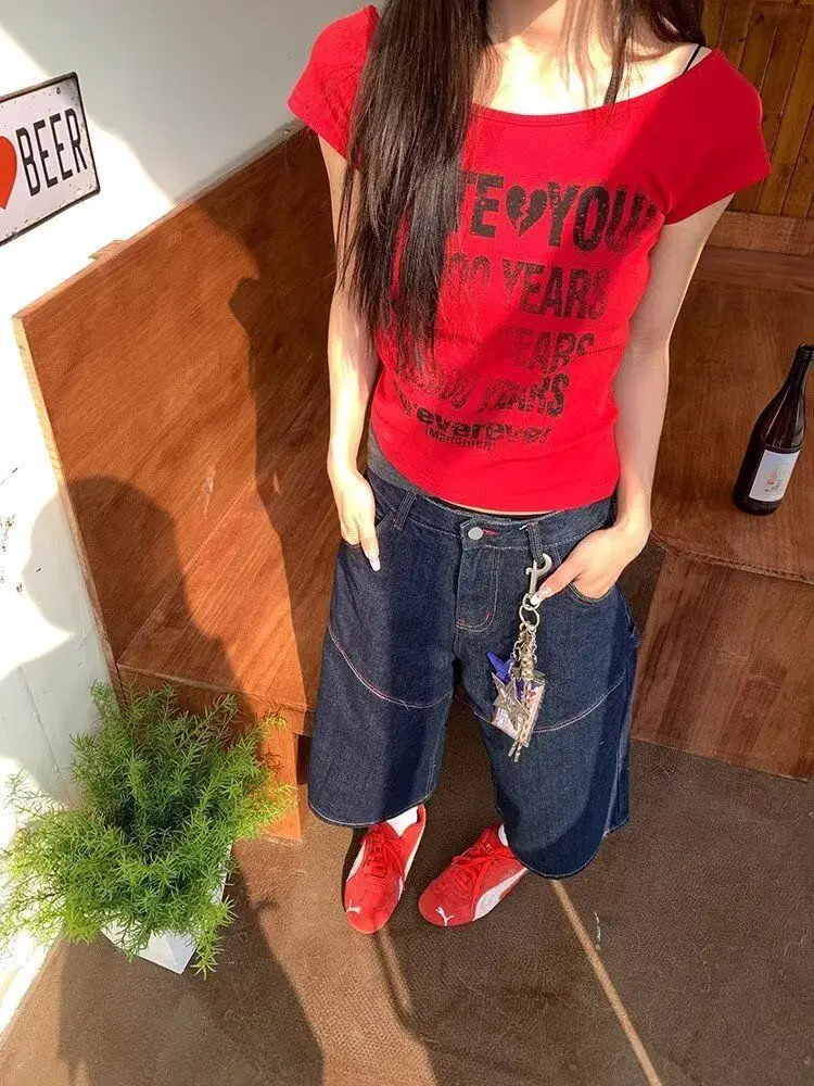 Women's Red Embroidery Wide Leg Calf-length Trousers Girl Shorts Jeans Female High Waist Capris Sweatpants Summer Pants