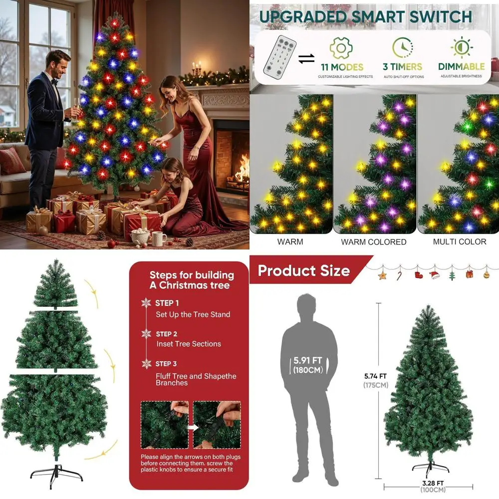 شجرة عيد الميلاد من شجرة التنوب المضاءة مسبقًا بطول 6 أقدام مع 350 مصباح LED و1000 نصيحة لديكور المنزل والخارج والمكتب