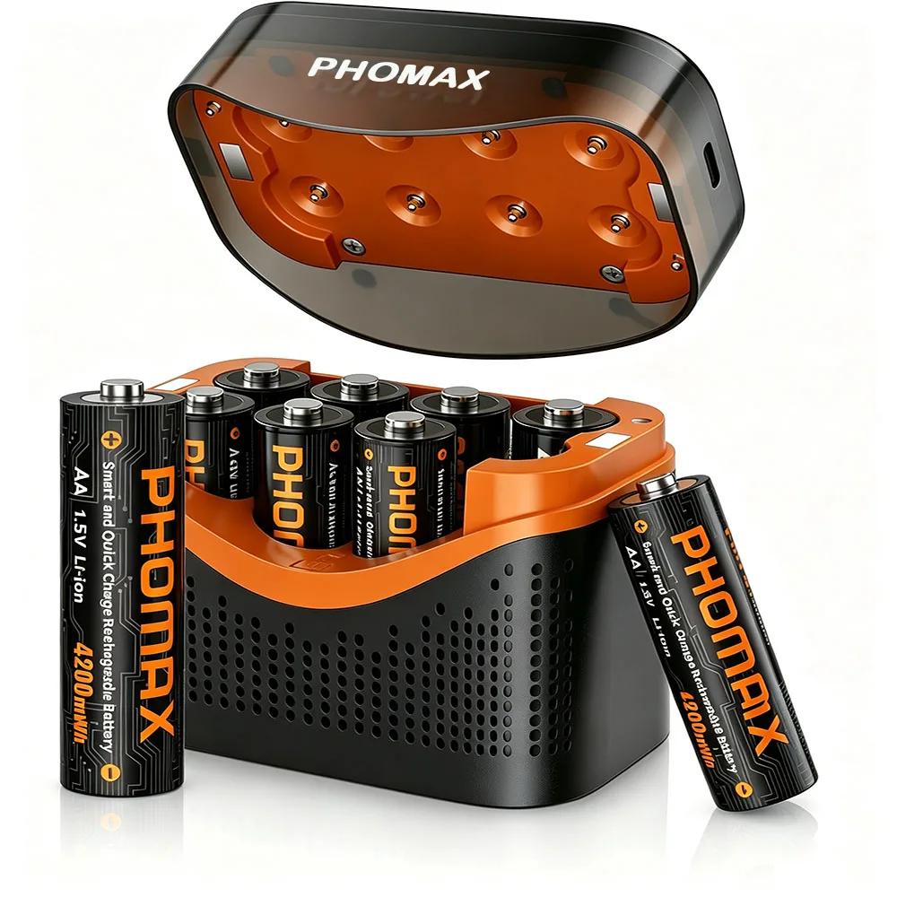 PHOMAX 1.5V Rechargeable Battery AA 4200mWh AAA 1110mWh Lithium Battery & Li-ion LED Charger For 1.5V Li-ion AA/AAA Batteries