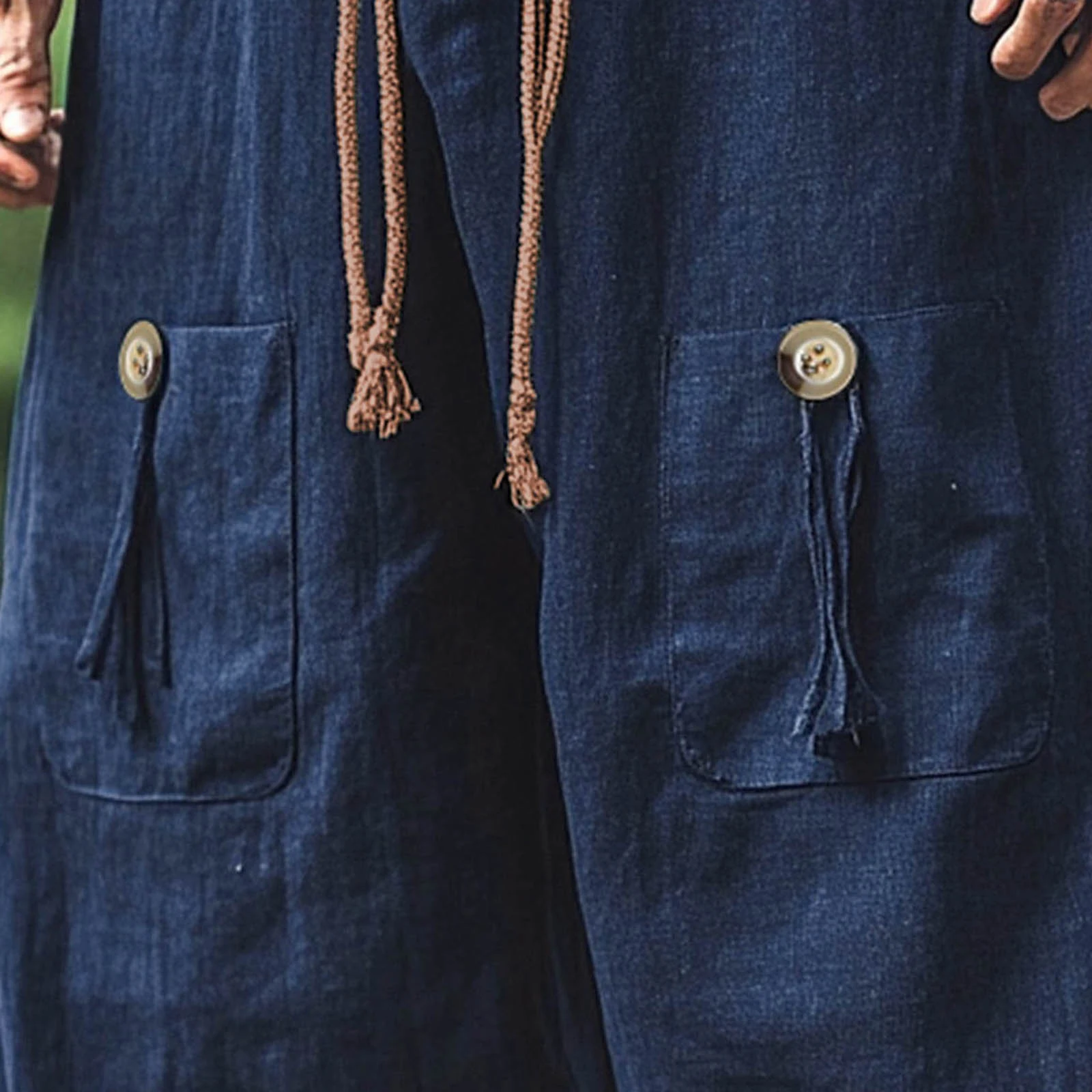 Calça lanterna casual masculina com cadarço, cor sólida, multibolsos, perna larga, harém com cinto