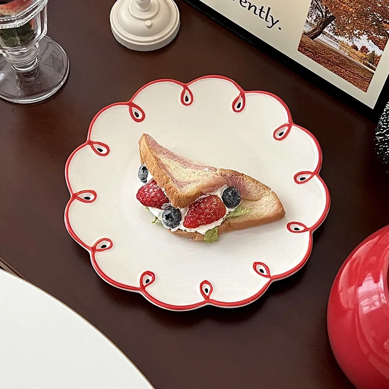 Red Lace Plate Vintage Ceramic Dessert Cake Disc Household Tableware Creative High Appearance Level Cute Round Breakfast Plate