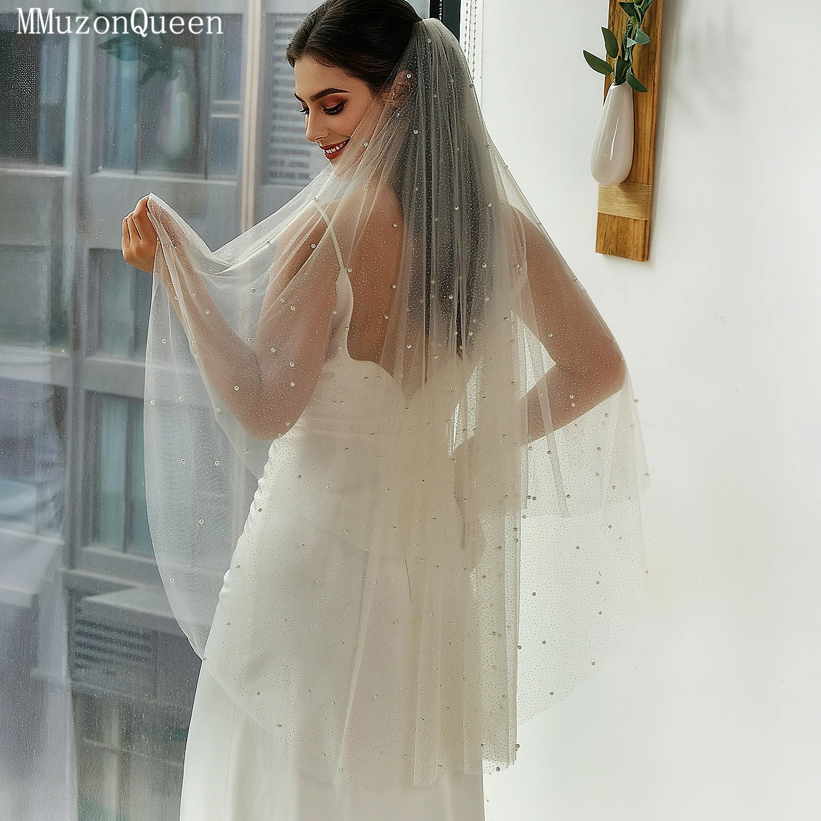 

TOPQUEEN Bridal Glitter Veil White Champagne Double Layer Pearl Glitter Veil Amanda Novias A Safe Choice Wedding Accessories V91