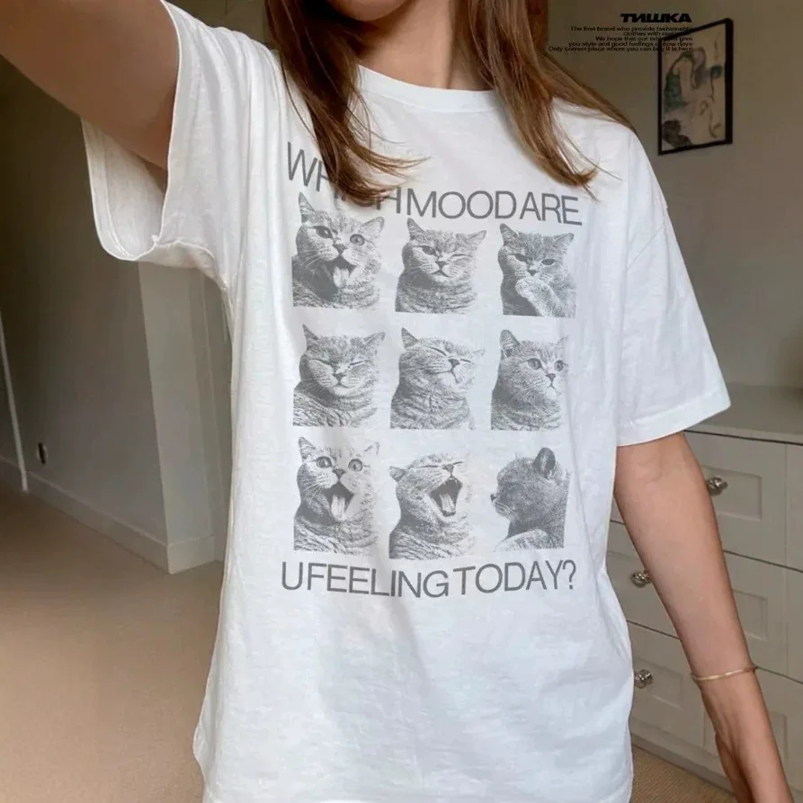 Y2K Sweet Cute Meme Cat Mood Grid White Oversized Tee Funny 9 Expression Kittens Soft Cotton Loose Casual T Shirt for Cat Lovers