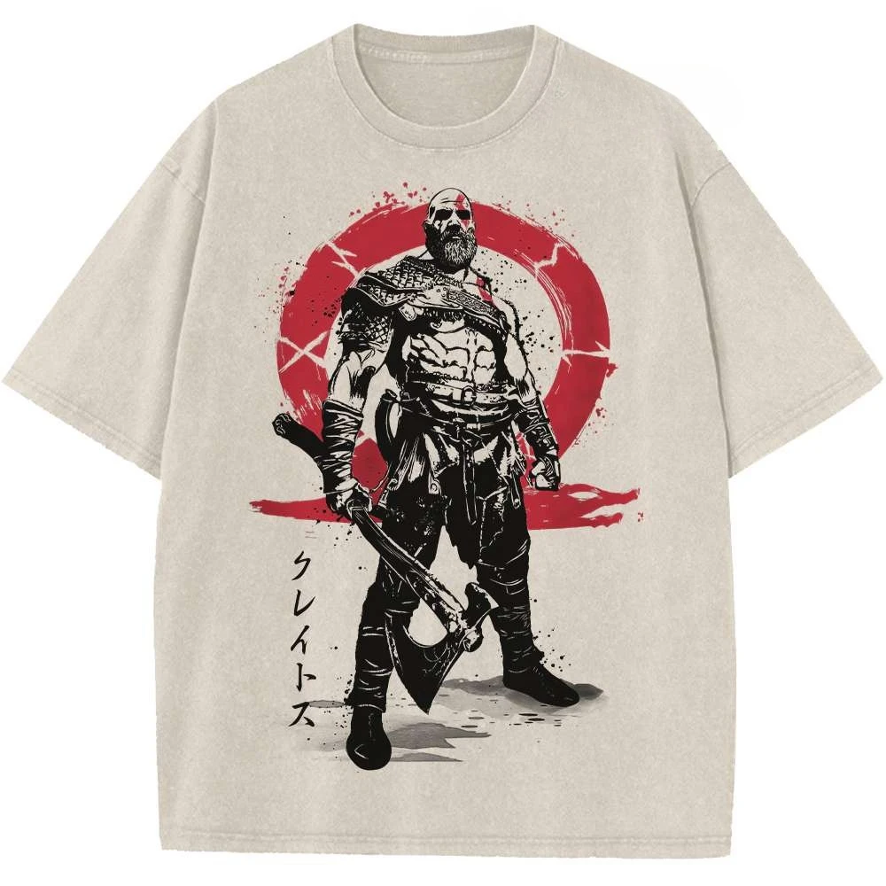 God of War Kratos Japanese Ink Style Graphic T-Shirt Cotton Men Women Streetwear Tee