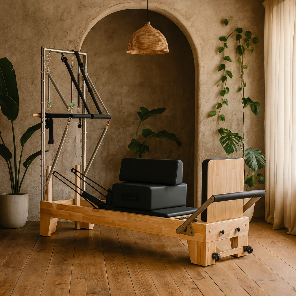 

Best Oak Wood Pilates Reformer Exercise Equipment With Power Tower and Jump Board for Home Gym Fitness Training Use