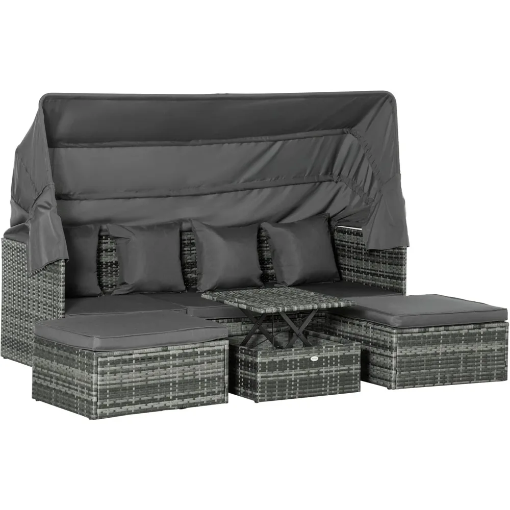 

4 Piece Patio Furniture Set with Cushions, PE Rattan Daybed with Retractable Canopy, Outdoor Sectional Sofa Set with Backrest