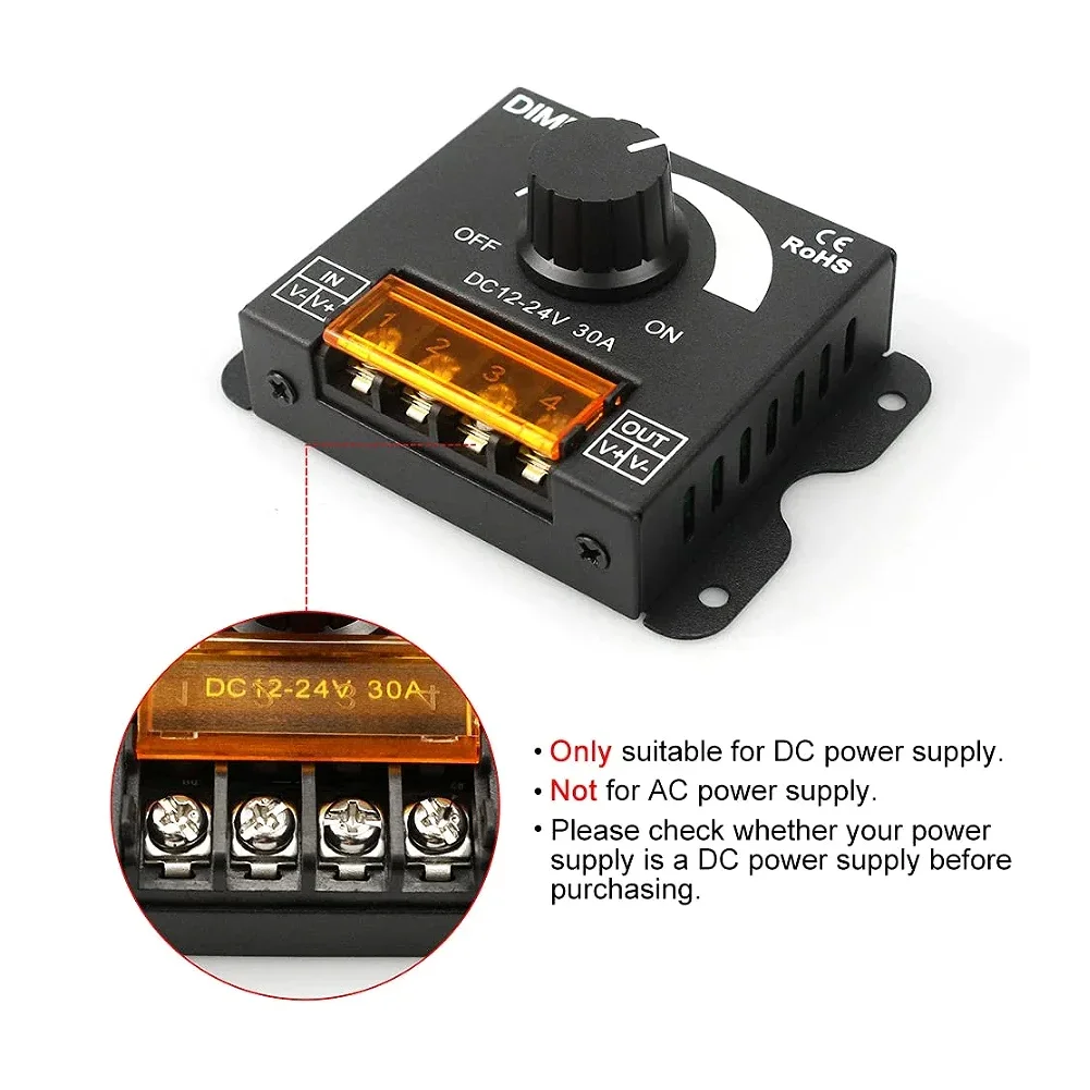 DC 12V-24V LED Dimmer Switch 30A LED Controller monocromatico PWM Digitale Dimmer continuo per striscia lampada Lampada monocolore