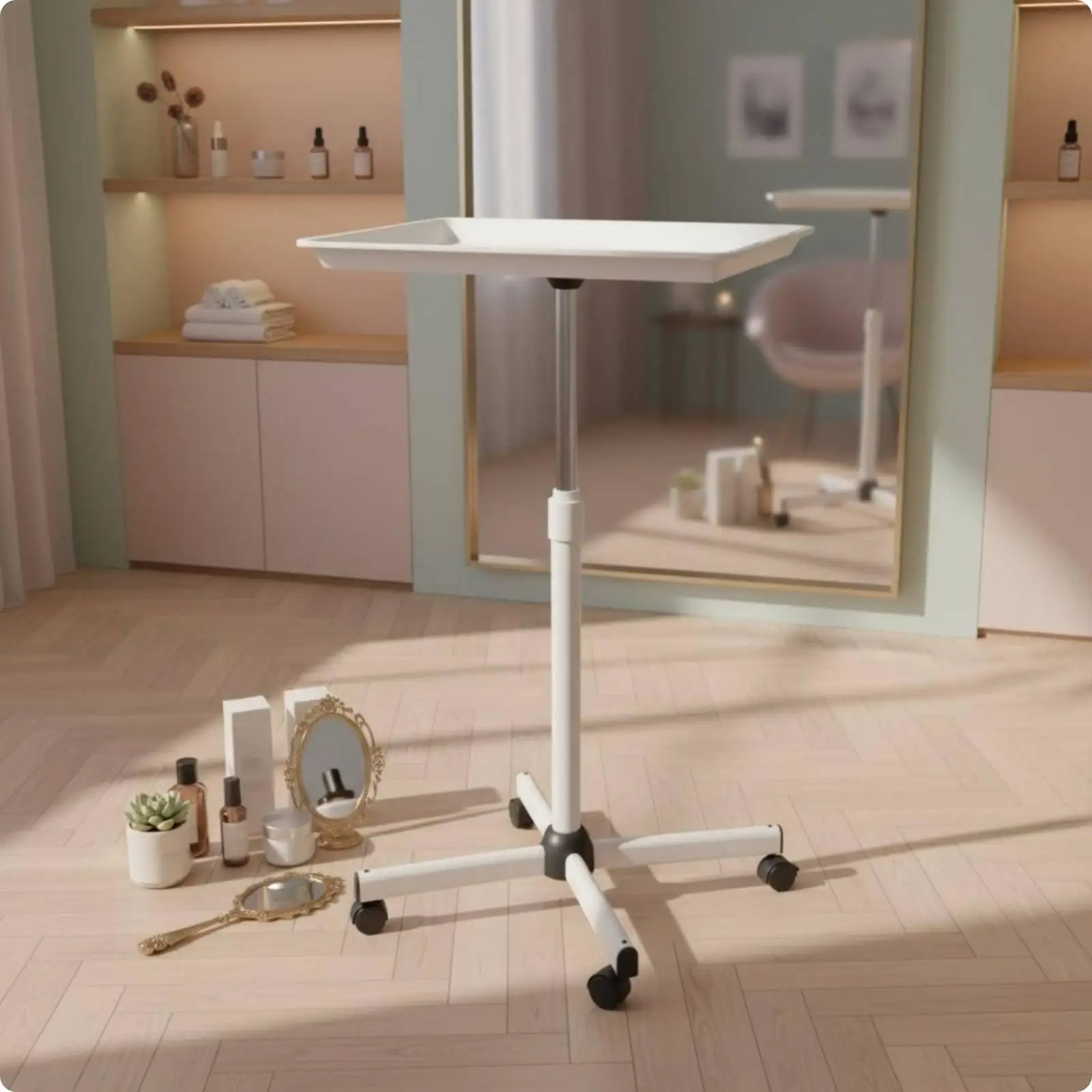 Adjustable Salon Tray Stand Rolling Beauty Trolley with Storage Shelf Salon Equipment for Hairdresser Use