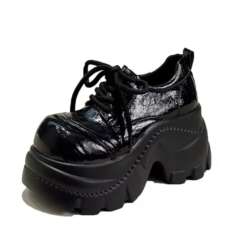 

Women's Thick Bottom Platform Shoes Spring 2026 Fashion UK Style Flat Laced round Toe High Heel PU Leather Casual Loafers