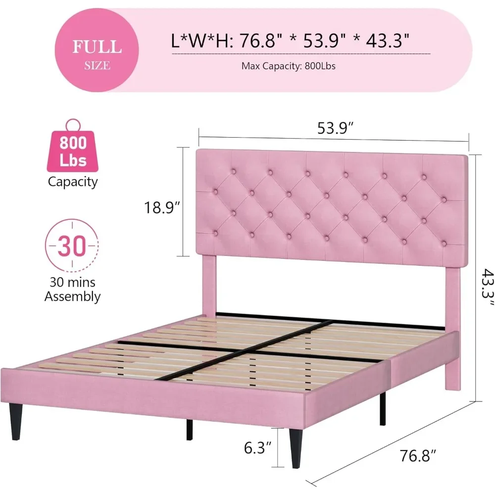 Full Size Bed Frame with Adjustable Button Tufted Headboard, Wooden Slats Support, Fabric Upholstered Platform Bed Frame