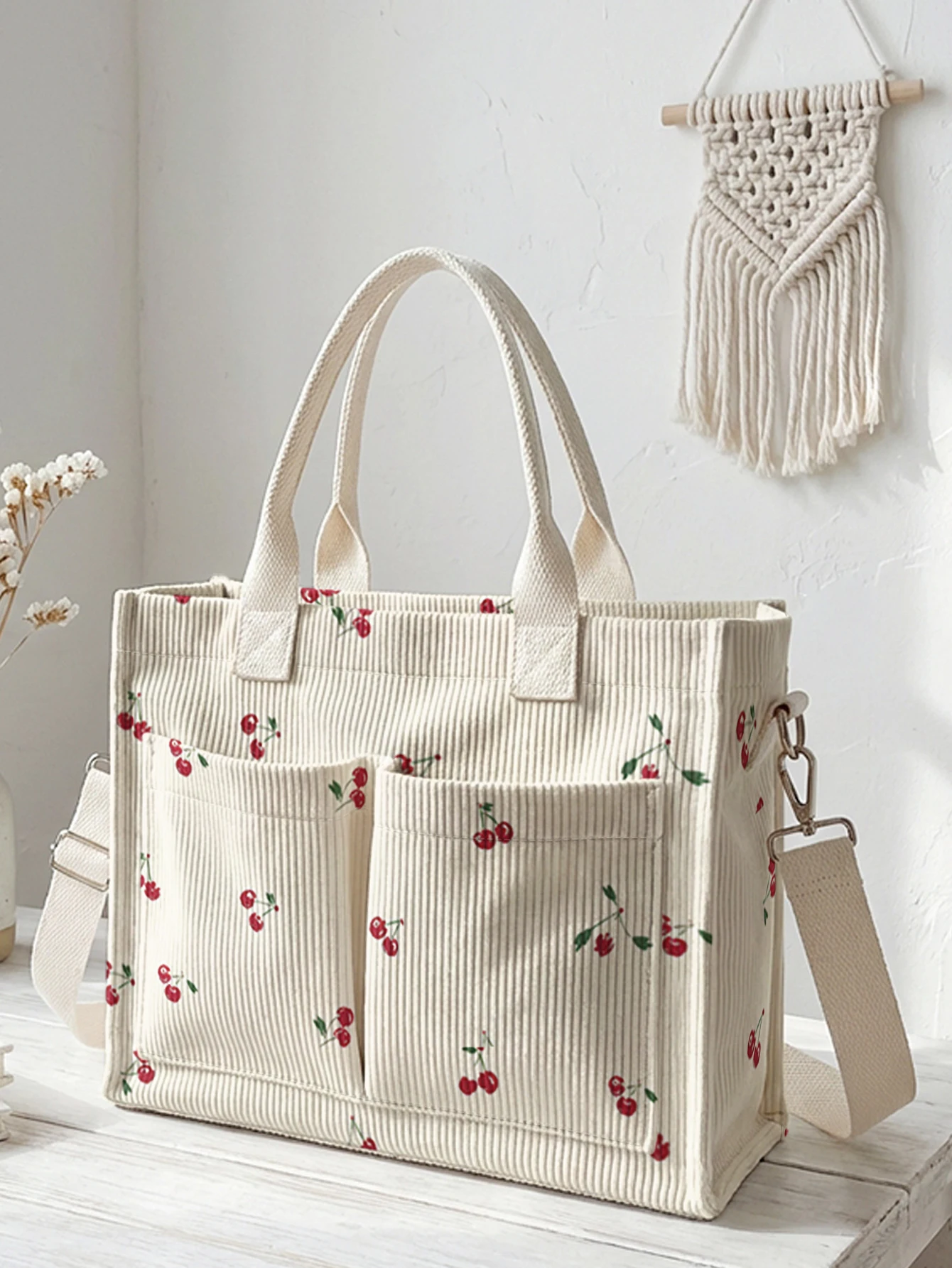 Cute Cherry Print Corduroy Tote Bag Large Capacity Multi Pocket Fruit Lover Commuter Shoulder Bag