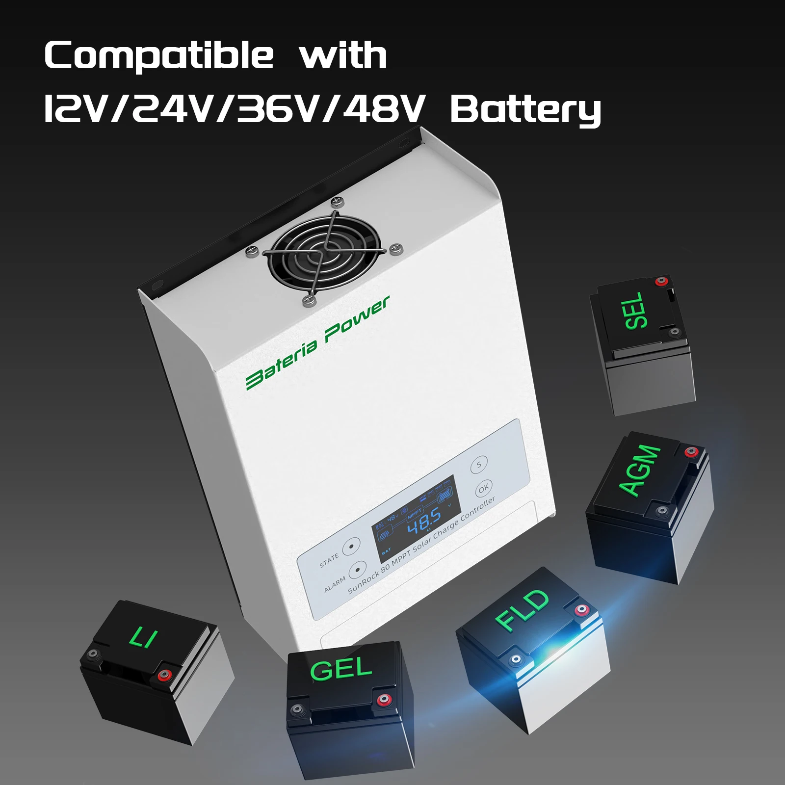 Bateria Power 80A 12/24/36/48V MPPT Solar Charge Controller, 99.5% MPPT Efficiency Solar Panel Charge Regulator(SunRock 80)