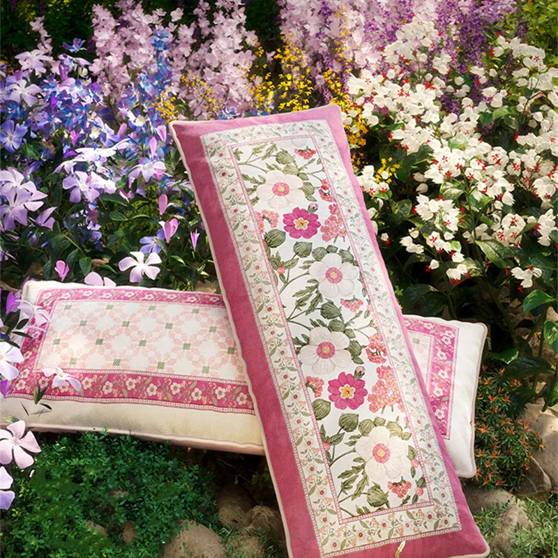 Floral Cushion Cover Rectangle Light Luxury 35x100cm Decorative Sofa Bedroom Pillowcase Shell Bird Vintage Farmhouse Pink Purple