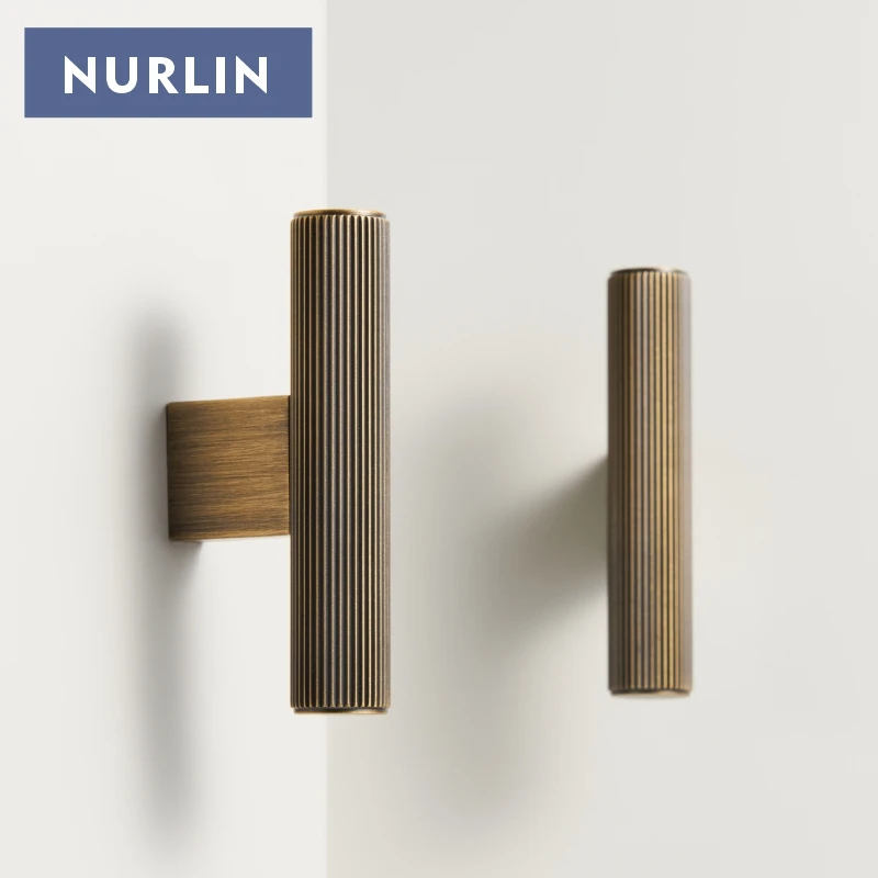 Nurlin Solid Brass Antique Brass  Linear Cabinet Knobs Long T-bar Furniture Wardrobe Drawer Handles Pull Closet Bars Square Feet