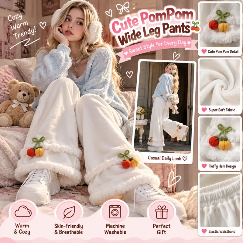 Embroidery Y2K Pants Women Wide Leg Trousers Pumpkin White Fleece Lined Plush Loose Fit Casual Pants, Autumn Winter Warm Gift
